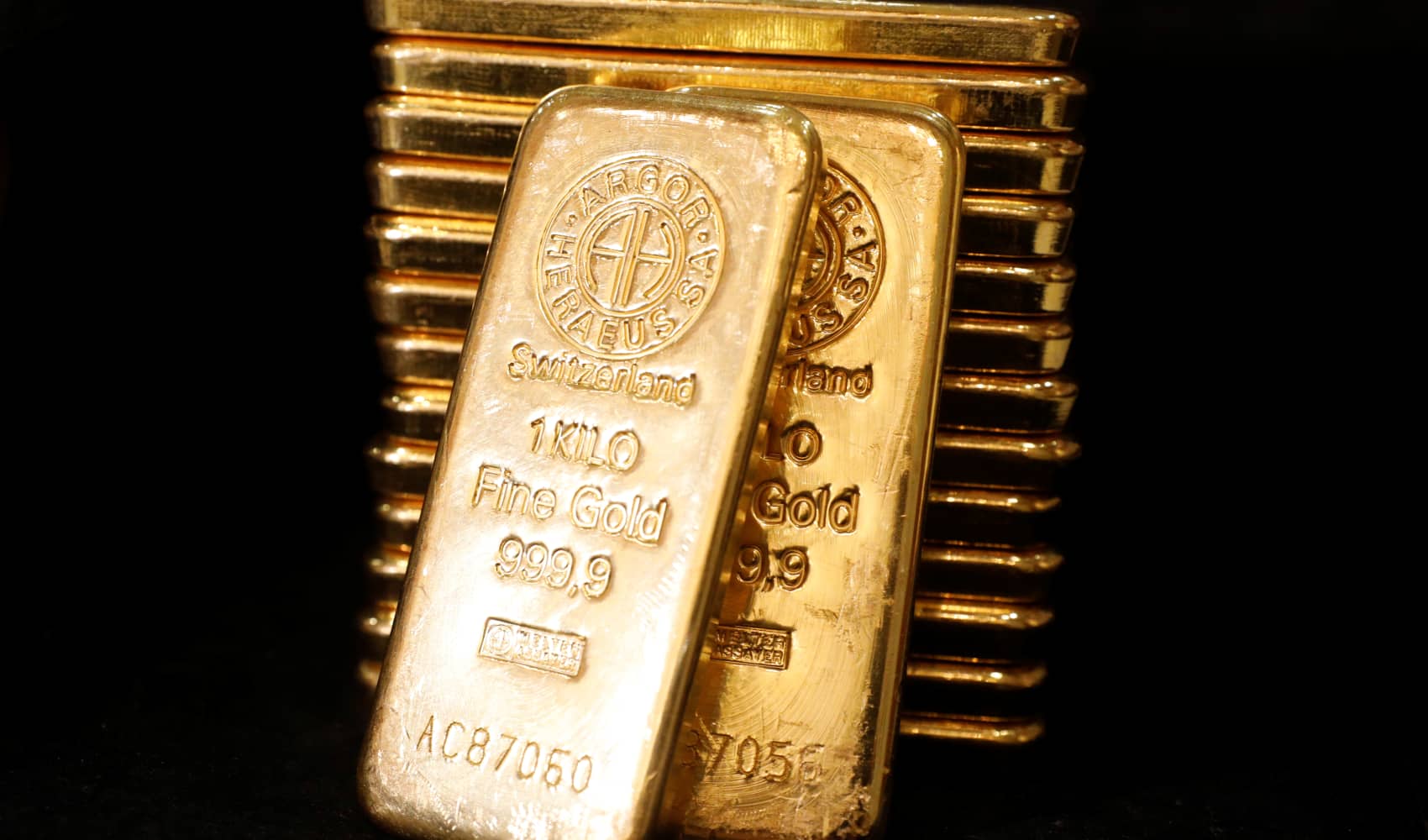 Gold bullions are displayed at GoldSilver Central’s office in Singapore on June 19, 2017.