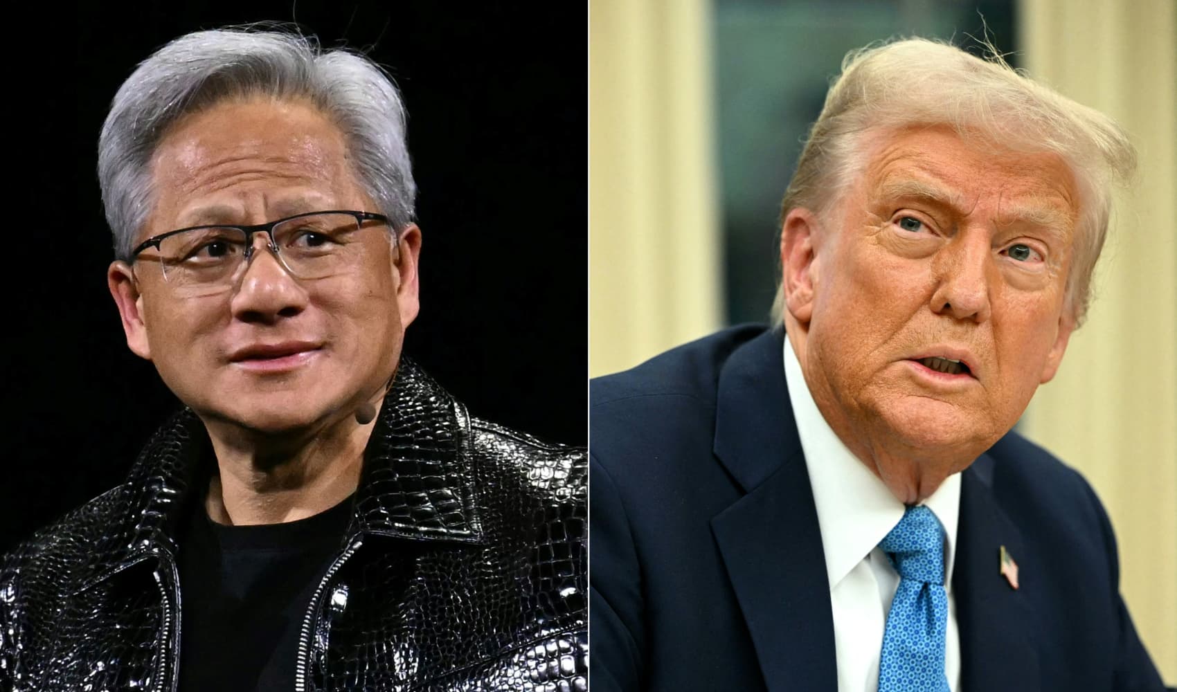 (COMBO) This combination of pictures created on January 31, 2025 shows (L) Nvidia CEO Jensen Huang in Las Vegas, Nevada on January 6, 2025, and US President Donald Trump in the Oval Office of the White House in Washington, DC on January 31, 2025. Jensen Huang, CEO of AI chip giant Nvidia, met January 31, 2025 with President Donald Trump as the company suffered a rough week on Wall Street over competition with China and the threat of tariffs on semiconductors.