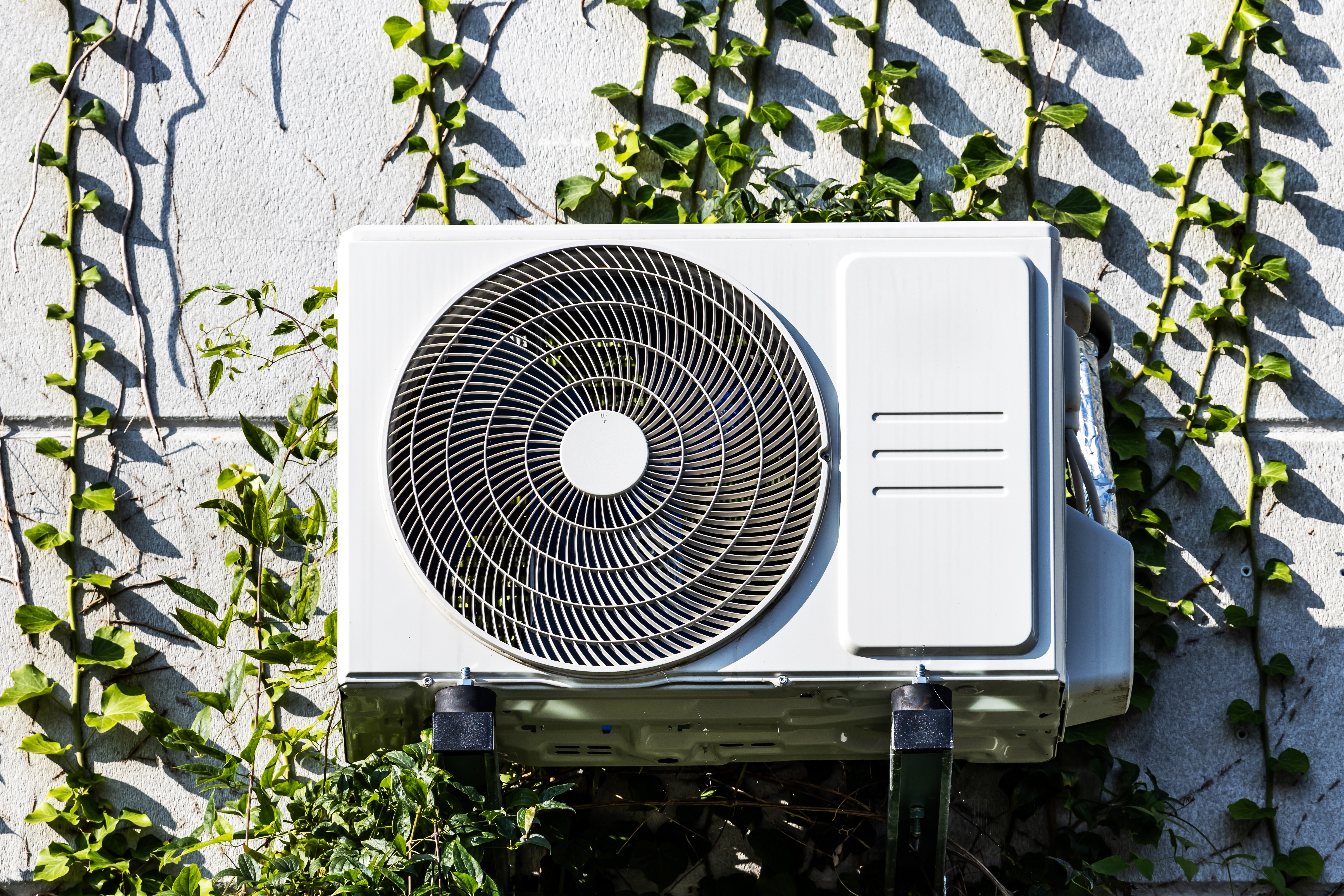 Heat pump on a facade with green plants
